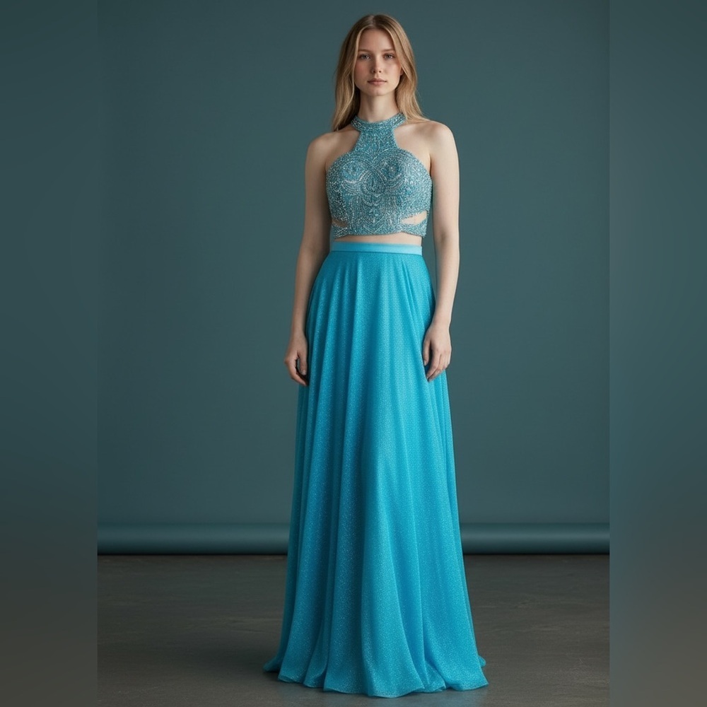 Angela & Allison Size 4 Sky Blue Beaded Floor Length Formal Gown Pageant 61146